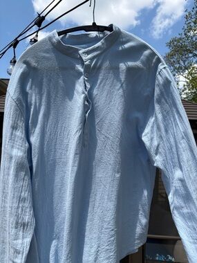 Light Blue Long-Sleeve linen henley Shirt - Men's Casual Top